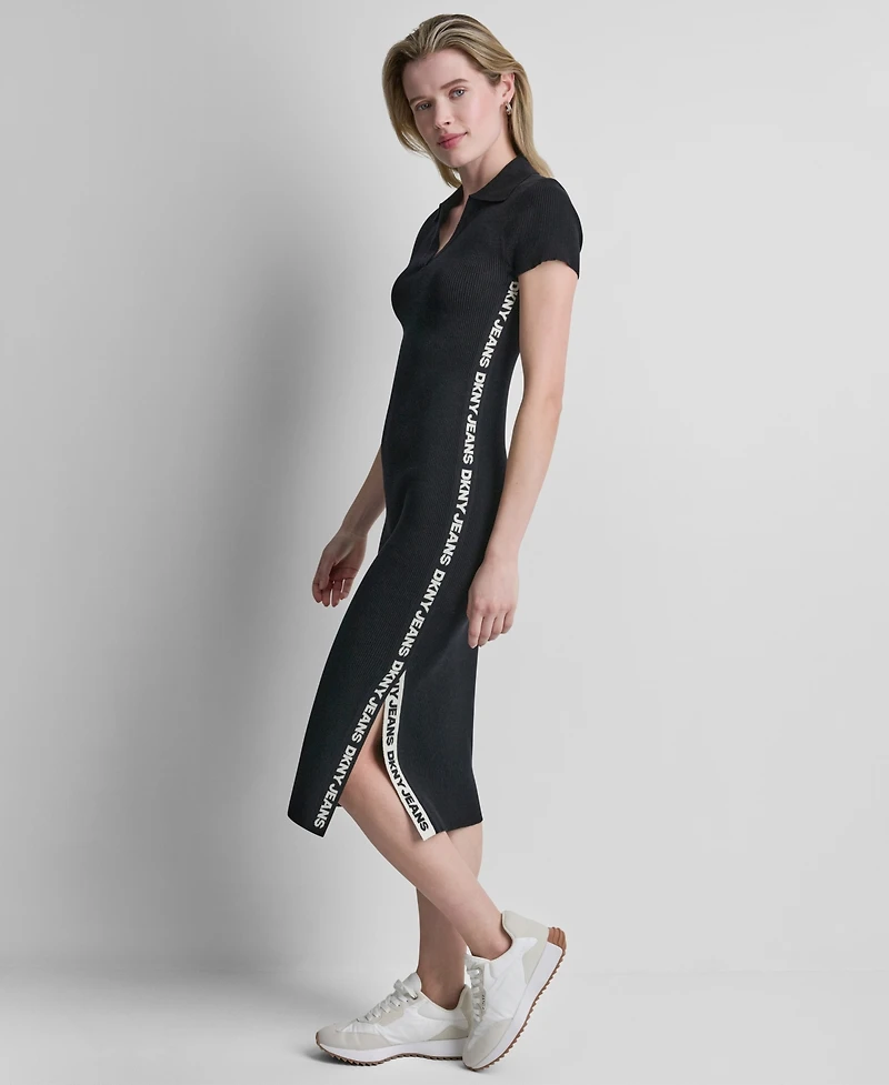 Dkny Jeans Women's Side Logo Short-Sleeve Rib Midi Dress