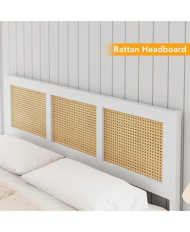gaomon Rattan Platform Bed, Woven Cane Headboard, 14" Storage