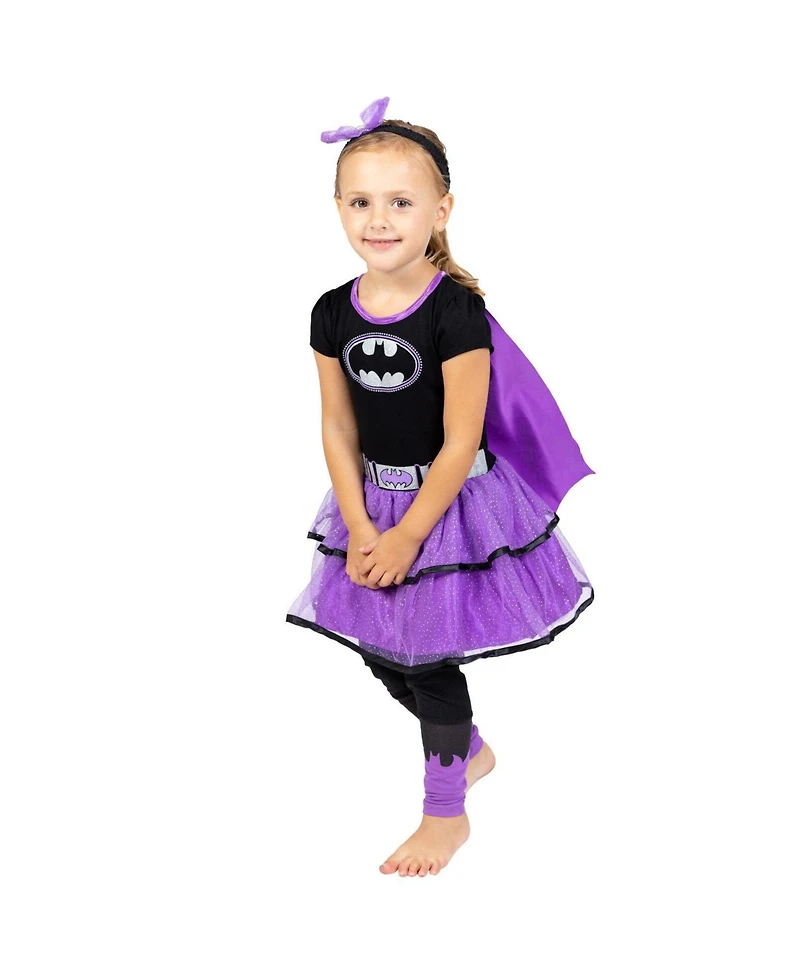 Justice League Warner Bros Costume Dress Leggings Cape and Headband 4 Piece Set