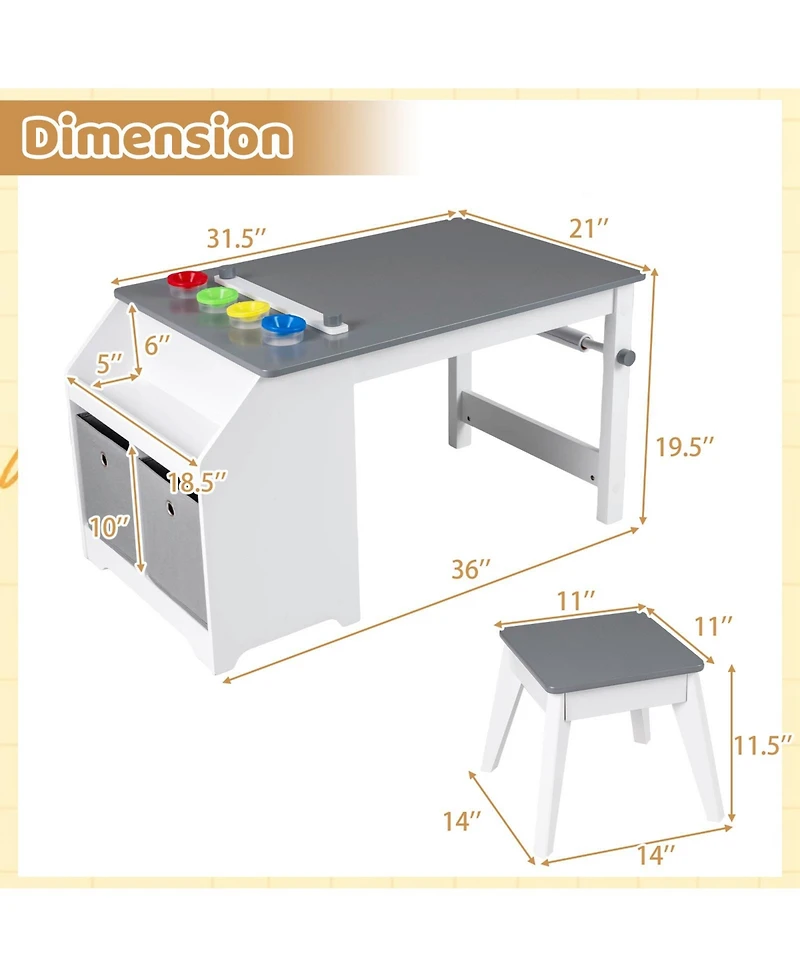 Slickblue Kids Drawing Table and Stool Set with Paper Roll and Painting Cups