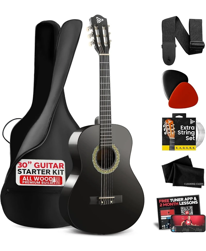 Pyle Beginner Acoustic Guitar Kit, 30" 1/4 Junior Size All-Wood Guitar for Kids & Adults, Easy-Play Design, Black Matte Finish