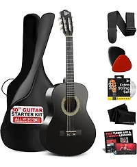 Pyle Beginner Acoustic Guitar Kit, 30" 1/4 Junior Size All-Wood Guitar for Kids & Adults, Easy-Play Design, Black Matte Finish