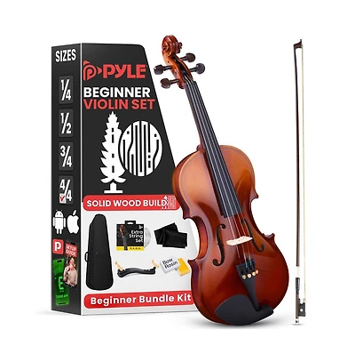 Pyle Premium Solid Wood Full Size Violin Kit, 4/4 Violin Starter Package with Travel Case & Bow, Extra Strings, Digital Tuner