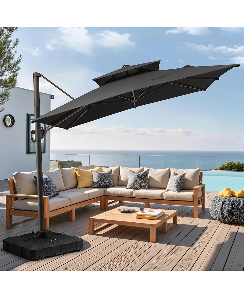 Pellebant Outdoor Patio Double Top 9x11FT Square Aluminum Cantilever Umbrella with Wheel Base