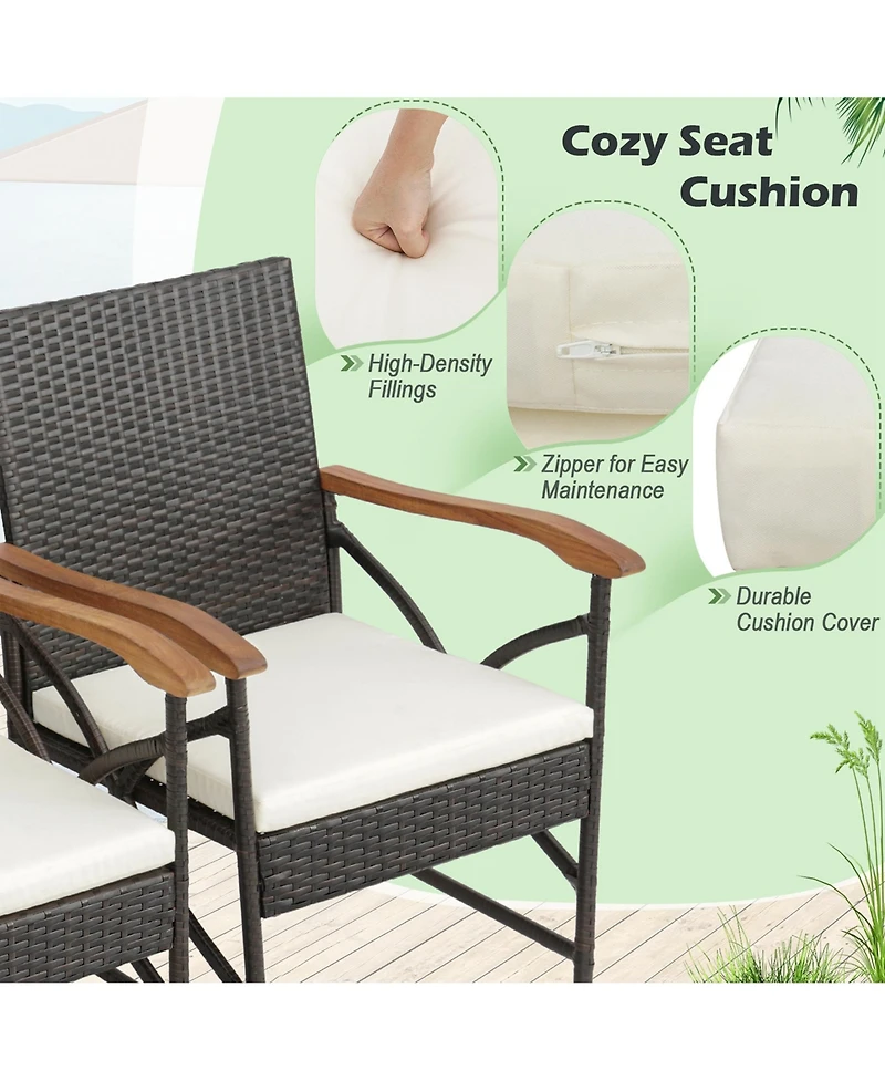 Gymax Set of 9 Outdoor Dining Table with Acacia Wood Table and Cushions 1.9'' Umbrella Hole