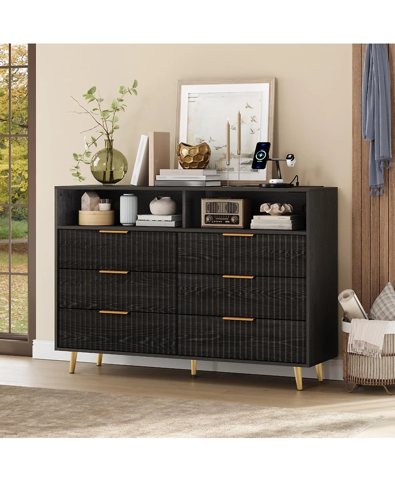 homfan 6-Drawer Fluted Dresser with Charging Station and Rgb Led Lights, Wide Storage Chest Open Shelf for Bedroom, Living Room, Hallway