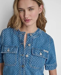 Dkny Jeans Women's Cropped Patch Pocket Short-Sleeve Boucle Denim Shirt Jacket