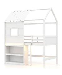 Gymax Twin Size Loft Bed w/ Led Lights and Roof Window and Storage Bookshelf and Guardrails