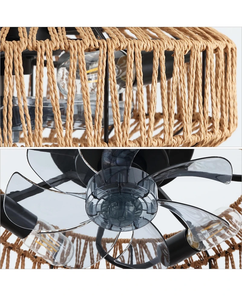 Jonathan Y Rowan 19.5" 4-Light Modern Bohemian 6-Speed Metal/Rattan Mobile-App/Remote-Controlled Lantern Led Ceiling Fan