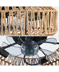 Jonathan Y Rowan 19.5" 4-Light Modern Bohemian 6-Speed Metal/Rattan Mobile-App/Remote-Controlled Lantern Led Ceiling Fan