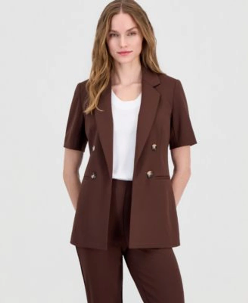 Anne Klein Womens Faux Double Breasted Short Sleeve Jacket Stretch Crepe Hollywood Waist Straight Ankle Pants