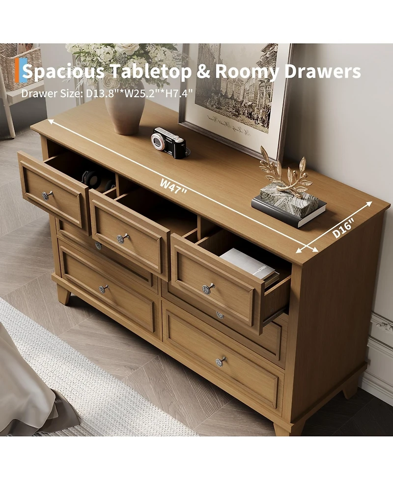 homfan Modern 7 Drawer Dresser for Bedroom - Wide Chest of Drawers Deep Storage Water-Resistant Wood Top Metal Handles Thickened Desktop