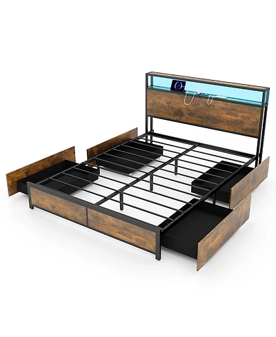 Gymax Queen Industrial Platform Bed Frame w/ Storage Drawers and Led Lights Headboard