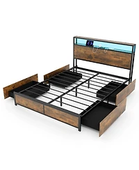 Gymax Queen Industrial Platform Bed Frame w/ Storage Drawers and Led Lights Headboard