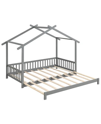 Gymax Wooden House Bed Twin to King Daybed w/ Safety Rails and Decorable Roof