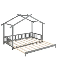 Gymax Wooden House Bed Twin to King Daybed w/ Safety Rails and Decorable Roof
