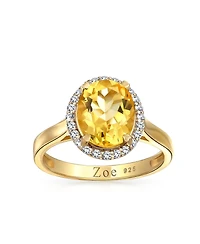 Bling Jewelry Classic Oval Gemstone Halo Statement Ring 3CT Cz Citrine, Zircon14K Gold Plated .925 Sterling Silver