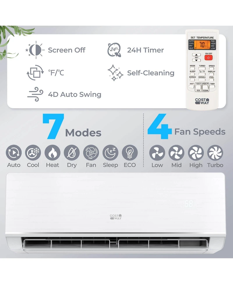 Costway 12000 Btu 115V Mini Split Air Conditioner and Heater with 1 Ton Heat Pump Installation Kit