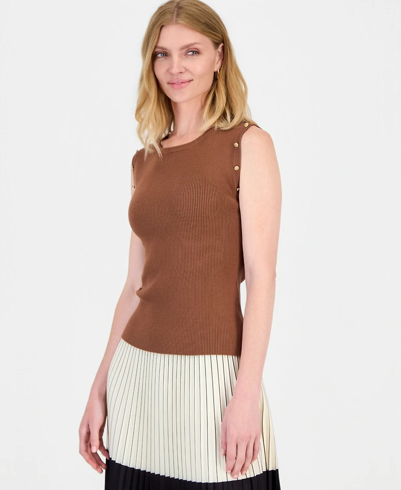 T Tahari Women's Sleeveless Embellished Ribbed Top