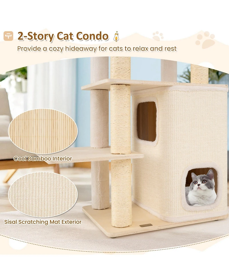 Gymax 63'' Tall Wooden Cat Tree w/2-Story Condo Plush Padded Top Perch Dangling Ball