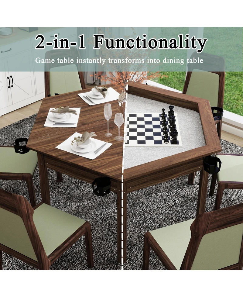 Rainsken 2-in-1 Dining and Gaming Table, with Cup Holders, Removable Top, for 4-6 Players, Non-Slip Play Mat, Solid Wood Legs