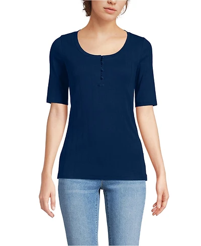 Lands' End Women's Elbow Sleeve Variegated Micro Rib Scoop Neck Henley