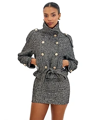 Miss Circle Women's Sadie Black and White Tweed High Collar Belted Mini Jacket