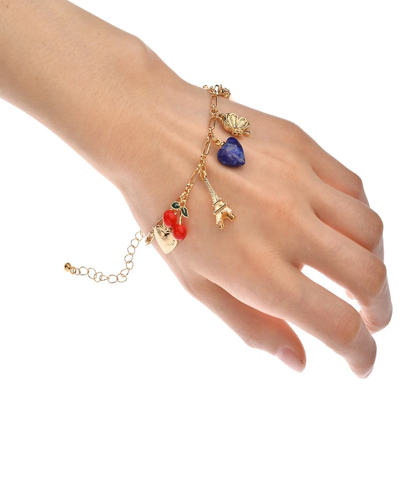 Nicole Miller Gold-Tone Eiffel Tower, Heart, Rose, Horseshoe, Clover, Cherry, and Amor Charms Bracelet
