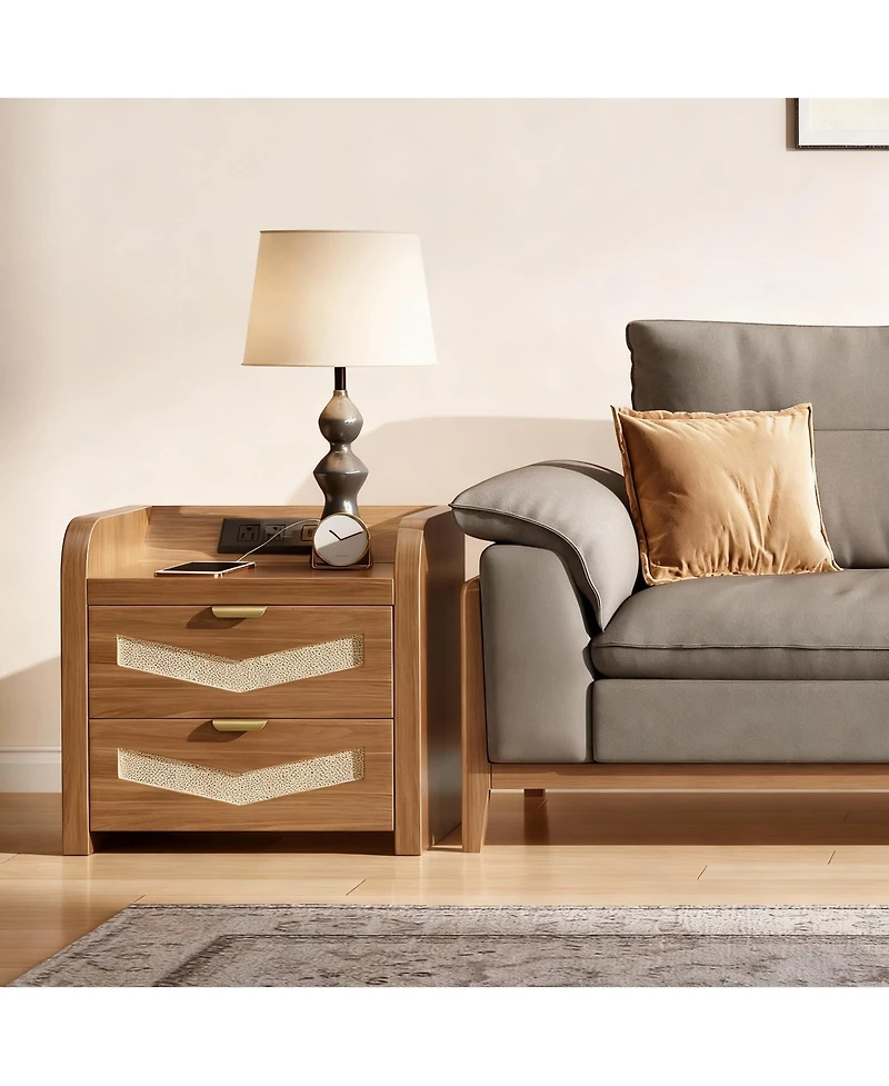 Yigii 2 Drawer Rattan Charging Ports Nightstand Set