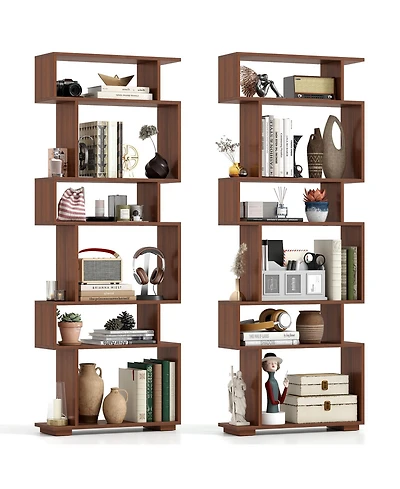 Gymax 2 Piece 6 Tier Bookshelf Geometric Bookcase with Anti Tipping Kits Wooden Display Shelf