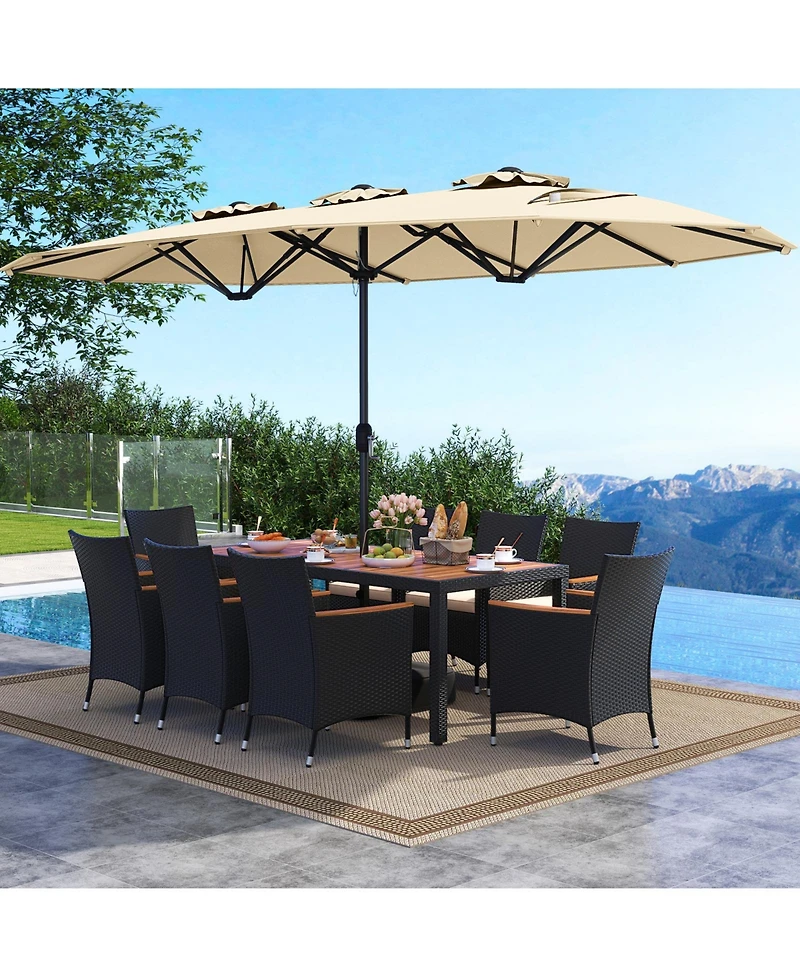 Costway 11 Pcs Patio Wicker Dining Set with Double-Sided Outdoor Umbrella 8 Stackable Chairs