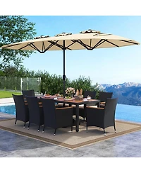 Costway 11 Pcs Patio Wicker Dining Set with Double-Sided Outdoor Umbrella 8 Stackable Chairs