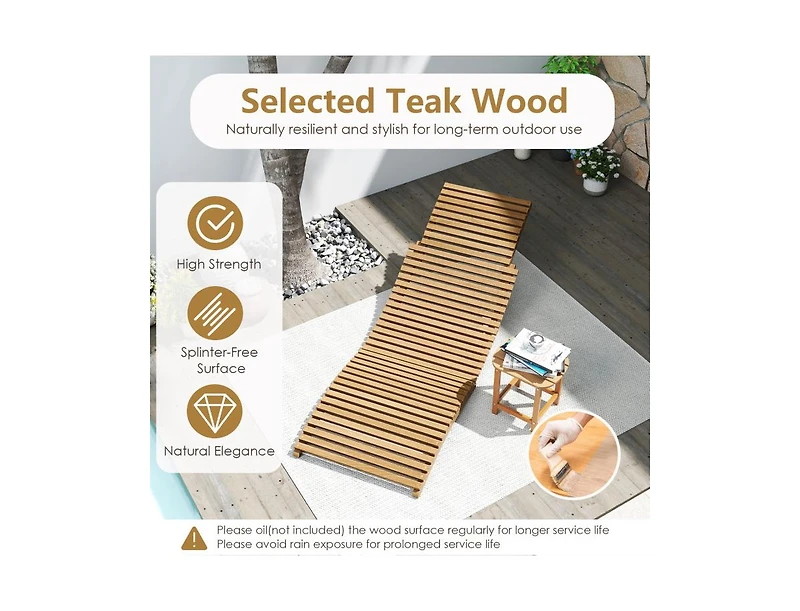 Clihome Teak Wood Patio Folding Chaise Lounge Chair with Slatted Seat
