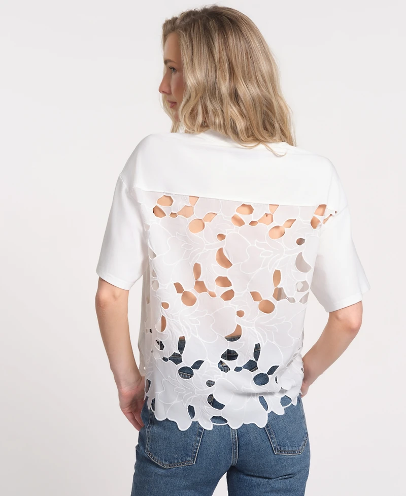 Isaac Mizrahi Women's Eyelet Lace Back Ruffle Top