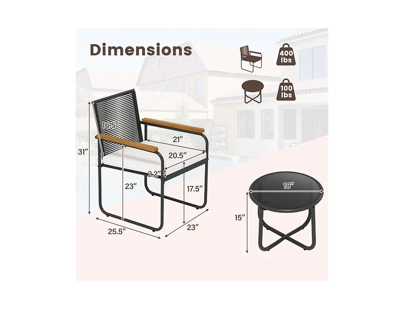Boyel Living 3 Pieces Patio Furniture Set Pe Rattan Porch Chairs with Round Tempered Glass Top Table