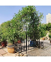 Clihome Metal Garden Arch with Gate with planter W80.71H97.24 Climbing Plants Support Rose Arch Outdoor