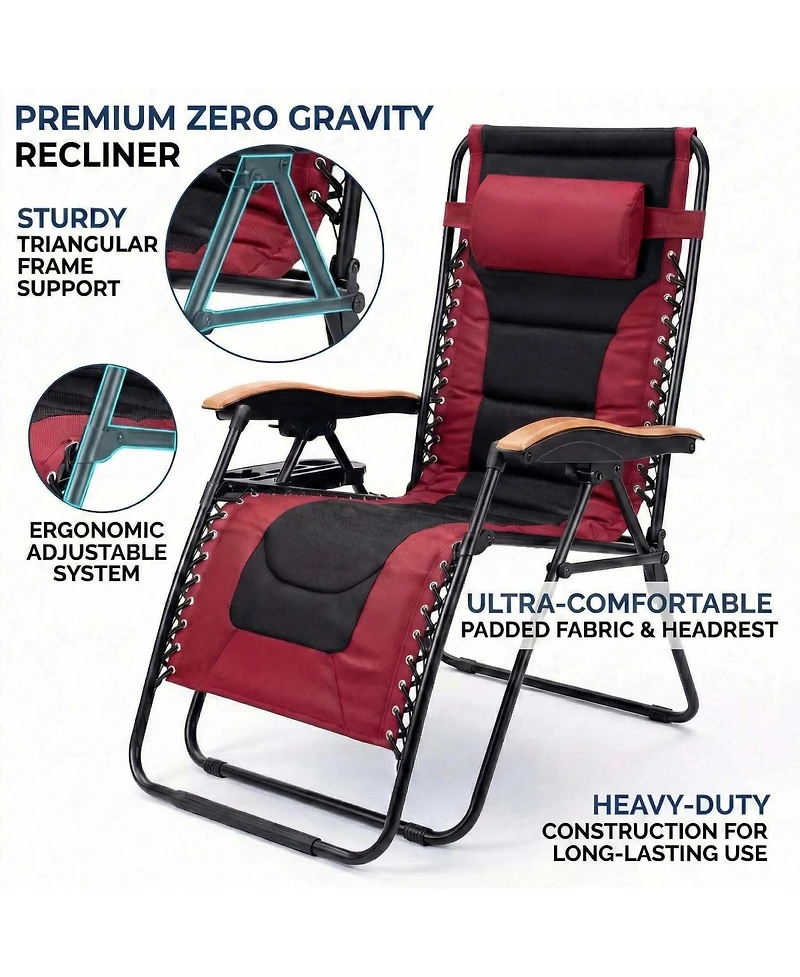 Clihome Oversized Padded Zero Gravity Chair, Foldable Patio Recliner, 30" Wide Seat Anti Gravity Lounger