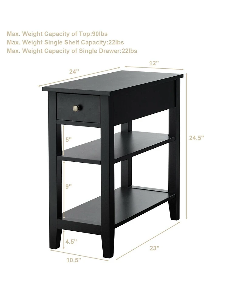 sumyeg 3-Tier Nightstand Bedside Table Sofa Side with Double Shelves Drawer