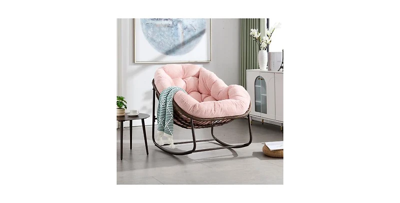 Flynama Outdoor Rattan Rocking Chair Oversized Padded Cushion Rocker Recliner Powder Coated Steel Frame for Front Porch Patio Garden