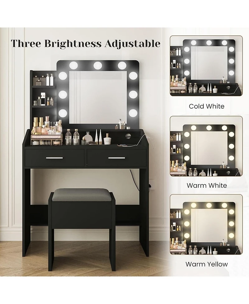 gaomon Modern Vanity Desk with Large Mirror, Adjustable Led Lights, Power Outlet, 2 Drawers & Cushioned Stool
