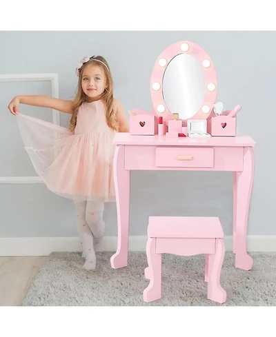 gaomon Wooden Kids Vanity Table with Lighted Mirror & Stool, Makeup Playset for Girls Ages 4-9,
