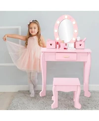 gaomon Wooden Kids Vanity Table with Lighted Mirror & Stool, Makeup Playset for Girls Ages 4-9,