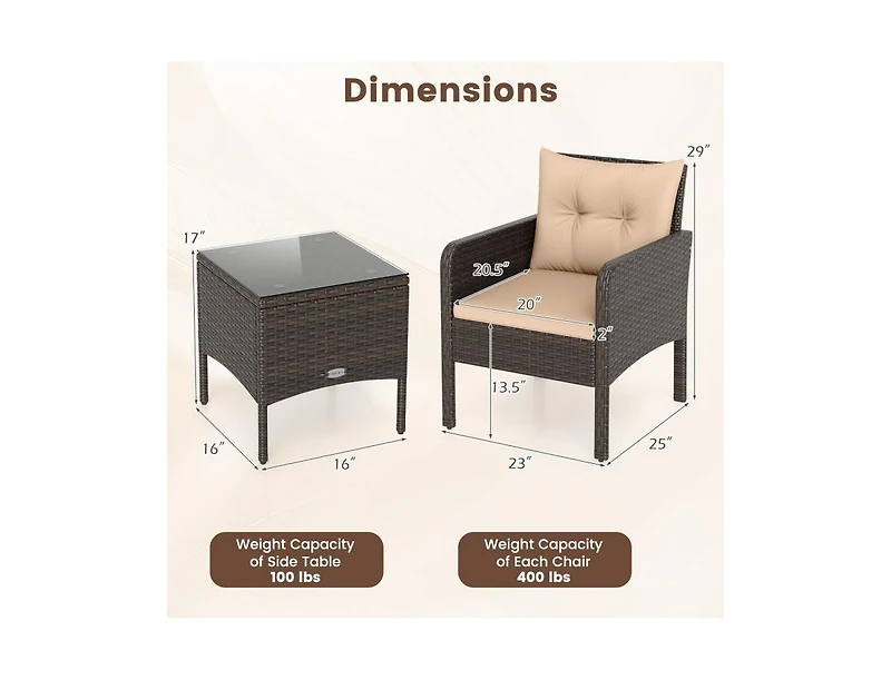 Boyel Living 3 Pieces Patio Pe Wicker Furniture Set with Cushions for Porch and Balcony
