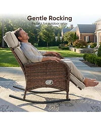 Pocassy 2 Pieces Outdoor Rocking Chair, Wicker Lounge Chair with Adjustment Backrest, Pe Rattan Patio Recliner Adjustable Footrest and Cushions