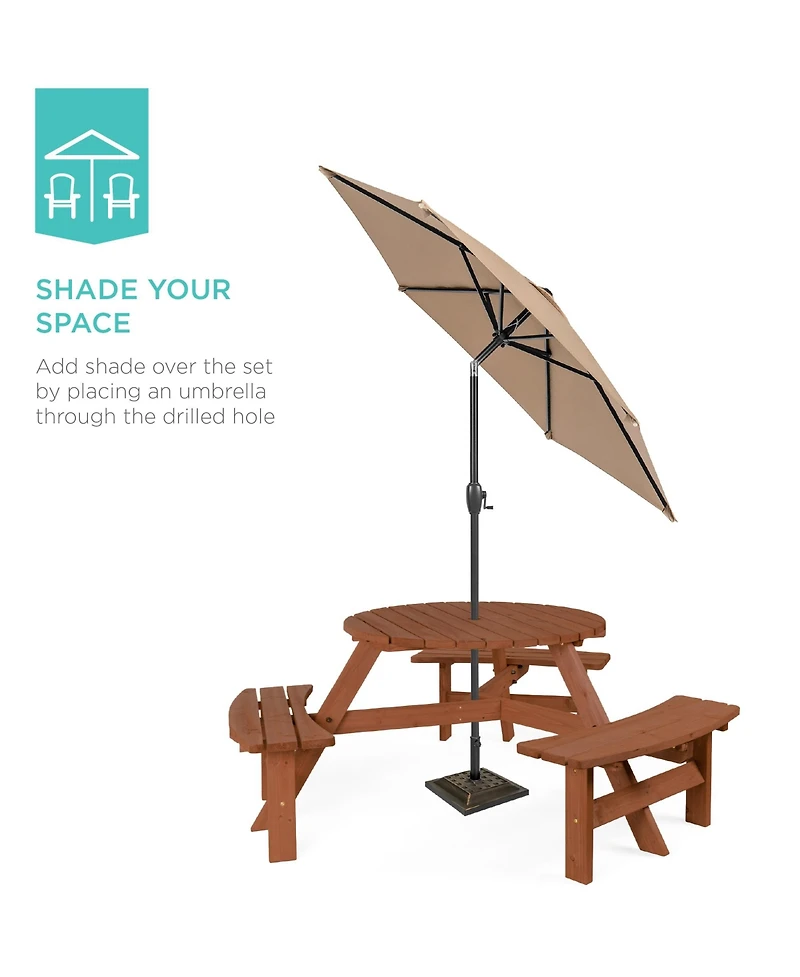 Best Choice Products 6-Person Circular Outdoor Wooden Picnic Table w/ 3 Built-In Benches, Umbrella Hole