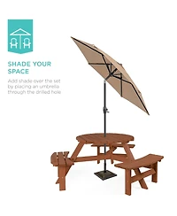 Best Choice Products 6-Person Circular Outdoor Wooden Picnic Table w/ 3 Built-In Benches, Umbrella Hole