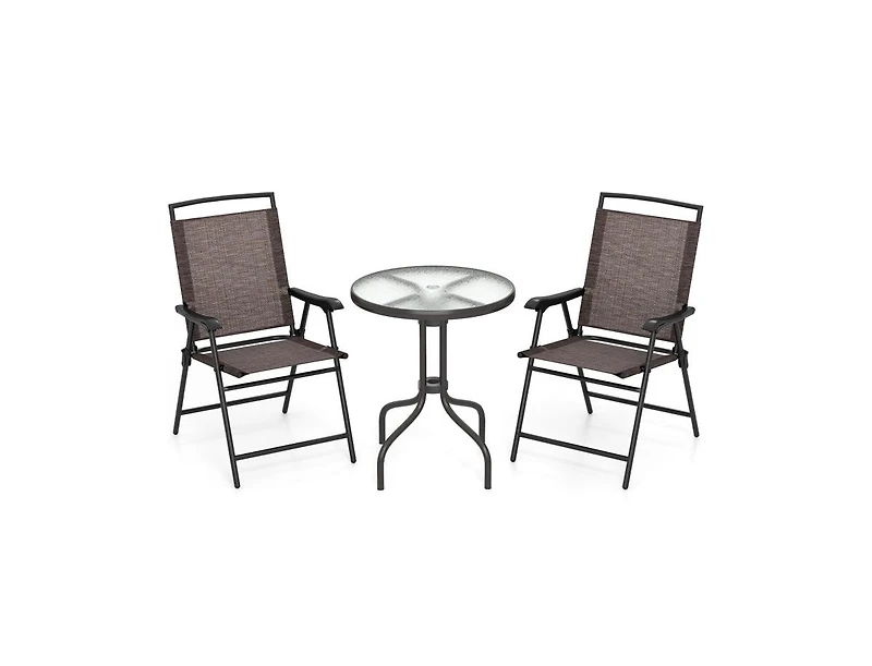 Boyel Living 3 Pieces Patio Round Table and Folding Chairs Set with Rippled Tempered Glass Tabletop