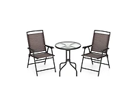 Boyel Living 3 Pieces Patio Round Table and Folding Chairs Set with Rippled Tempered Glass Tabletop
