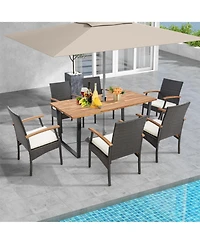 Clihome 7 Pieces Rattan Patio Dining Set with Umbrella Hole
