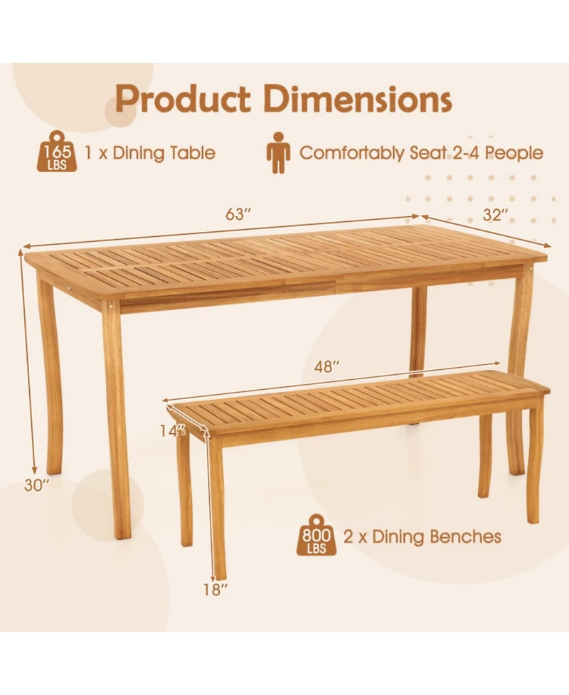 Clihome 3 Pieces Patio Dining Set with Acacia Wood Outdoor Table and Benches